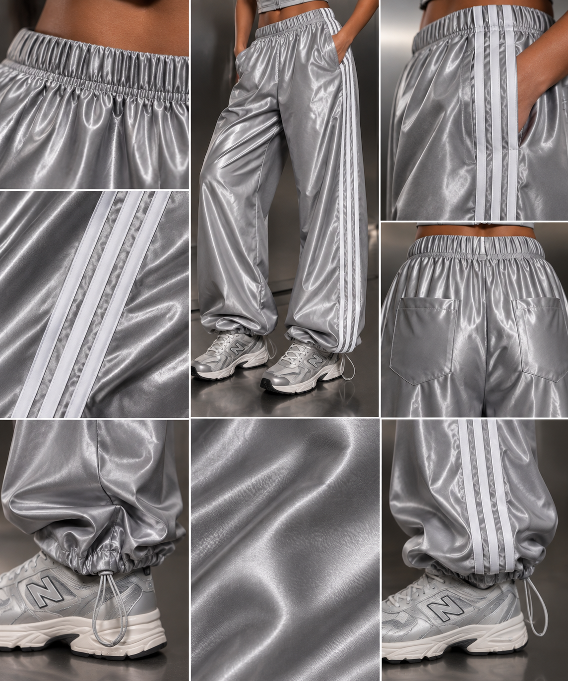ETICRUE SILVER SATIN STRIKE TRACK PANTS