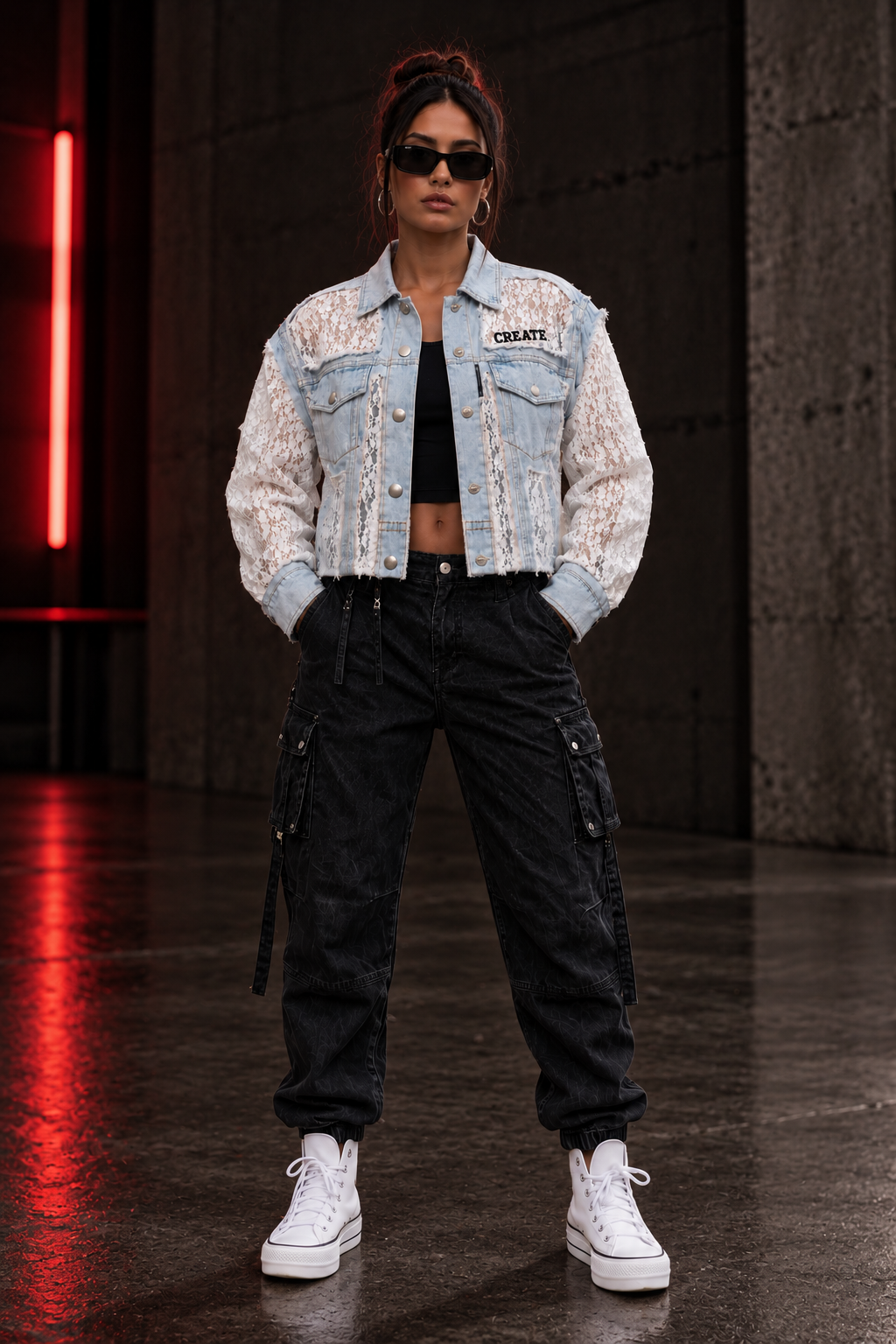 ETICRUE Wild Rose Lace Denim Jacket