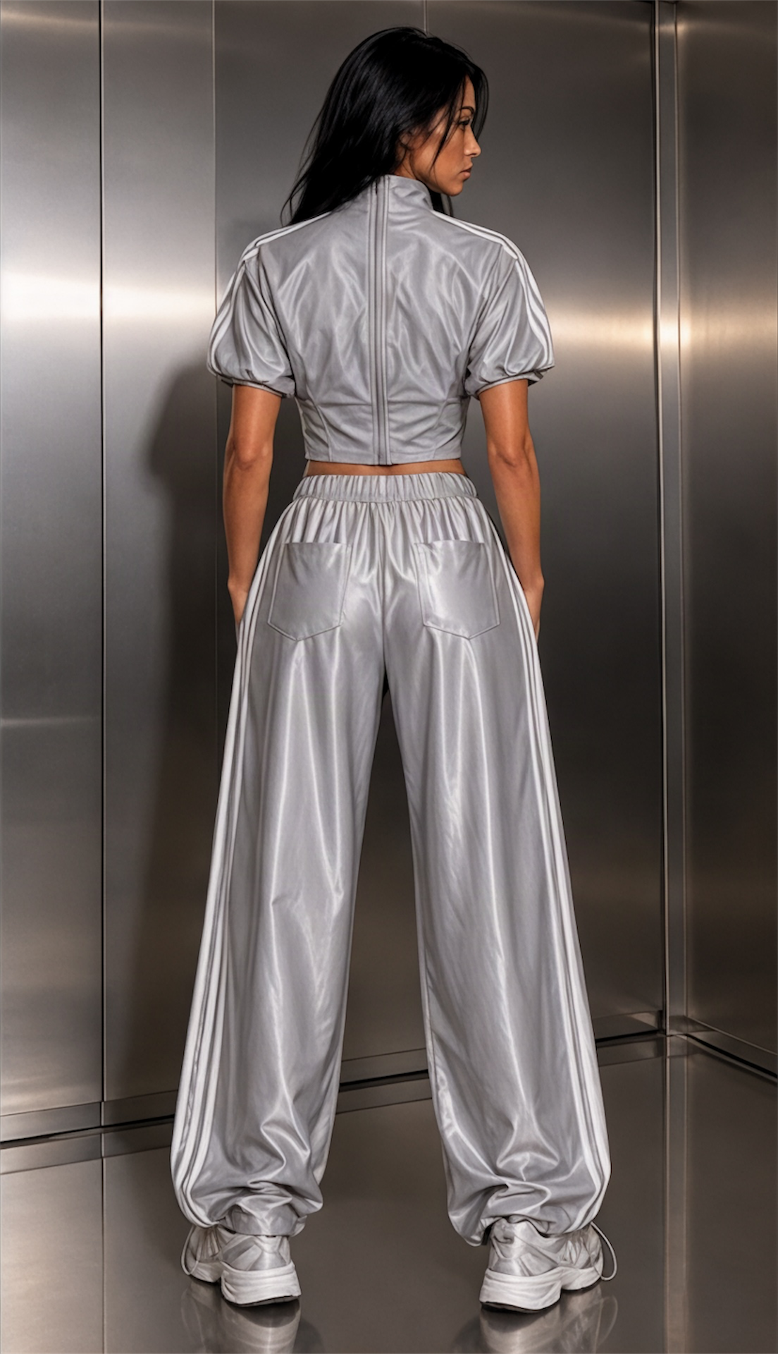 ETICRUE SILVER SATIN STRIKE TRACK PANTS
