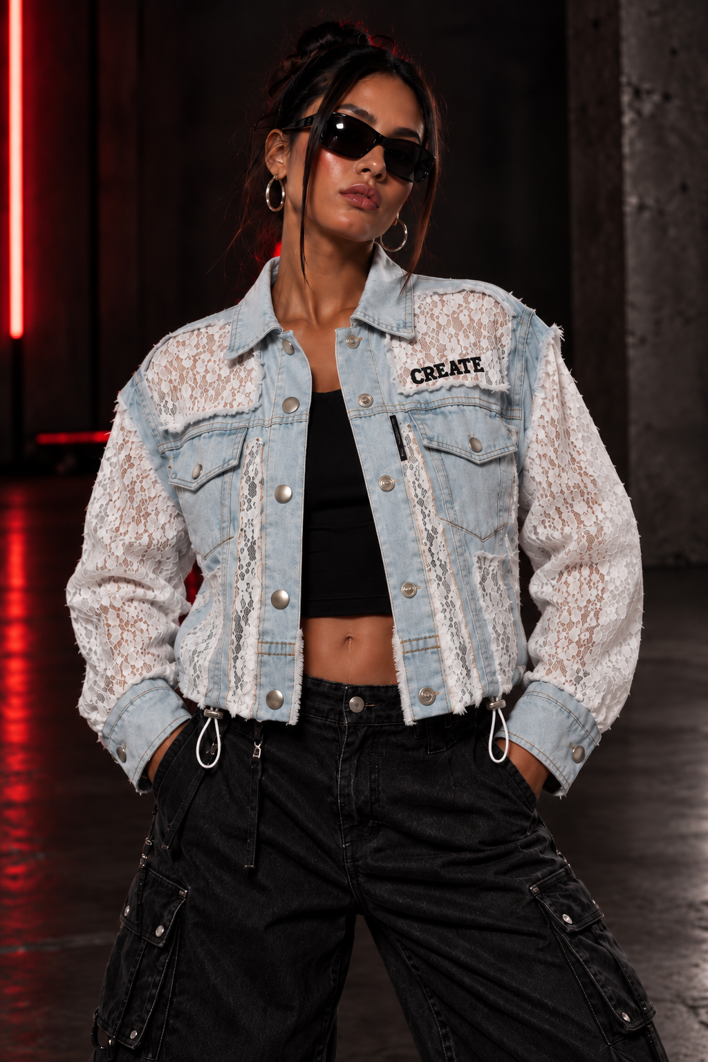 ETICRUE Wild Rose Lace Denim Jacket