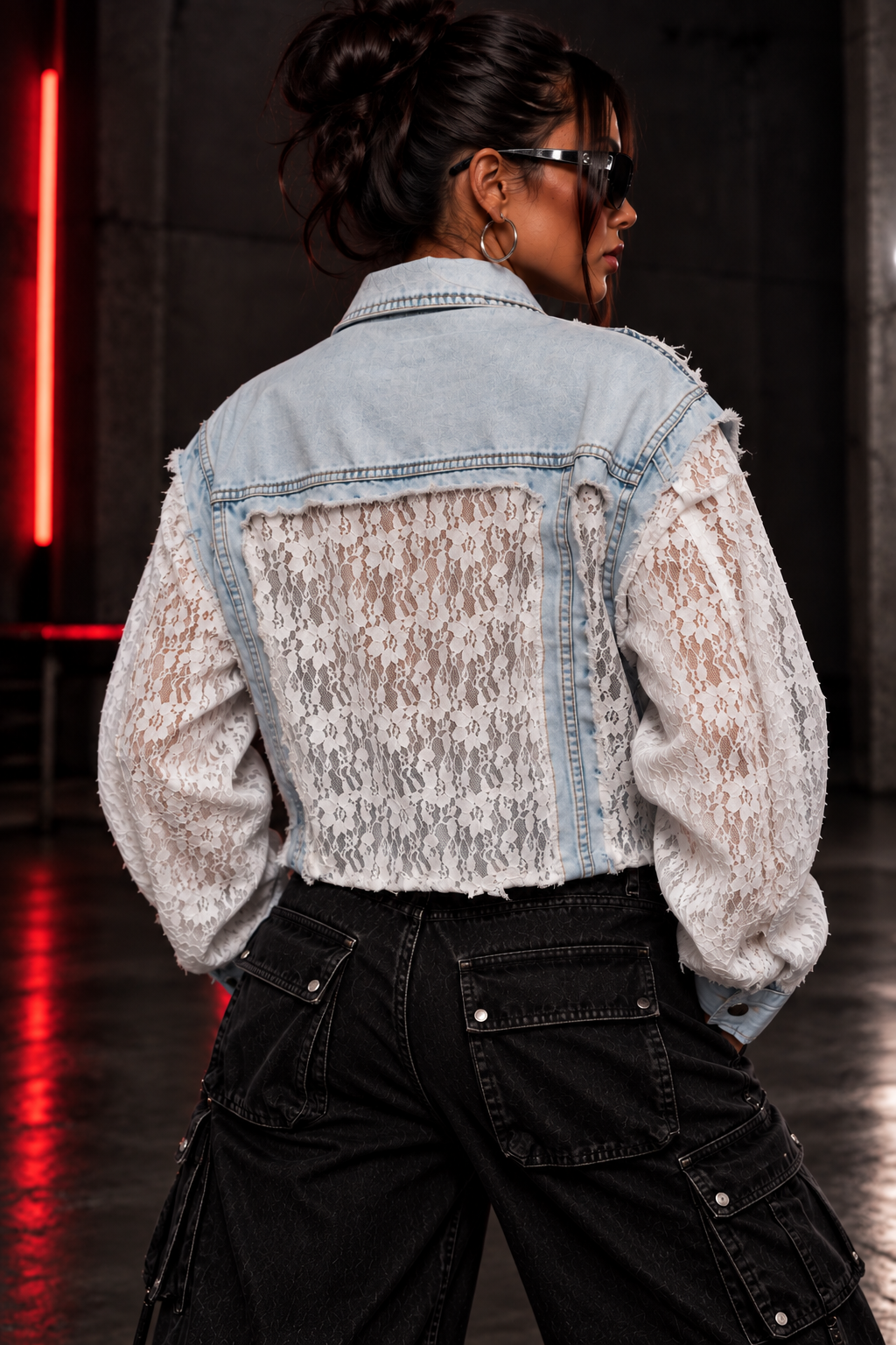 ETICRUE Wild Rose Lace Denim Jacket