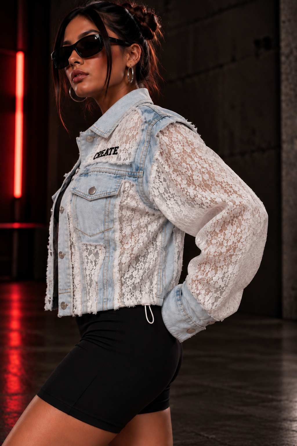 ETICRUE Wild Rose Lace Denim Jacket